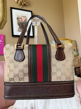 💯 Auth! VINTAGE GUCCI Train Case/Doctor Bag Classic Monogram w Red/Green Stripe